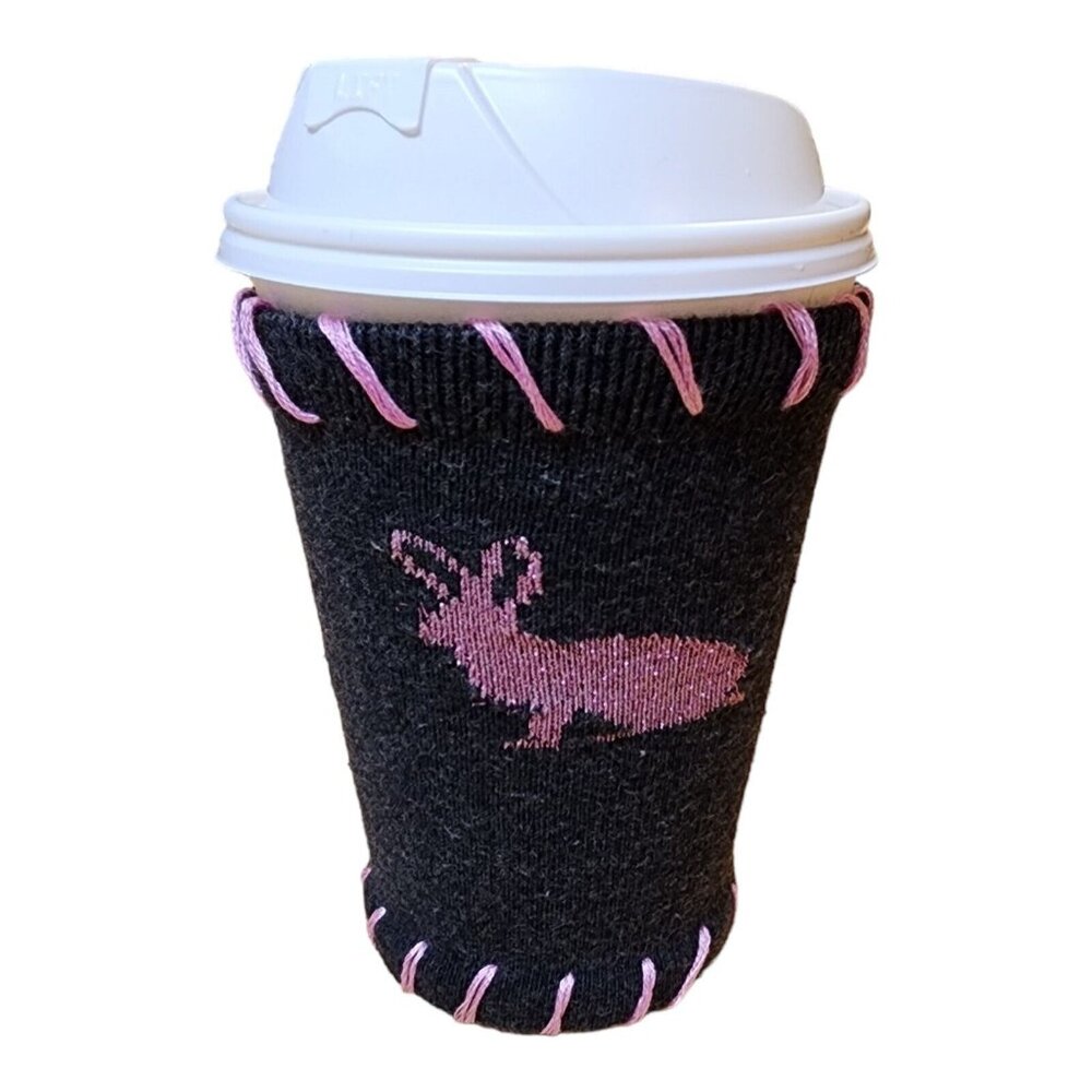 Handmade Upcycled Sock Mug cozy Coffee Tea koozie Hot Cocoa Gray Pink coozie